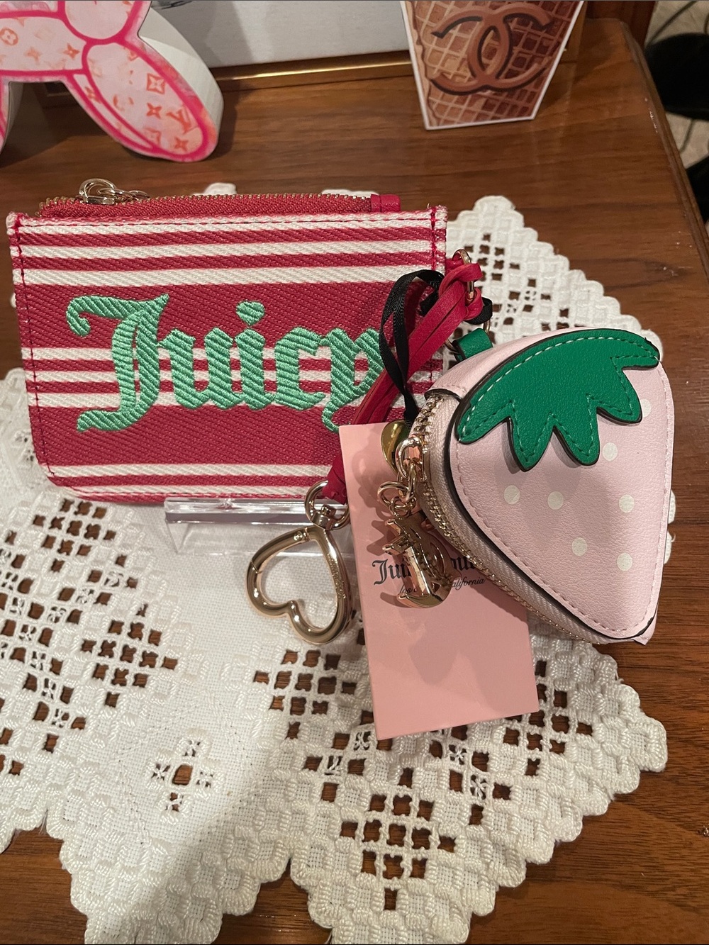 Juicy Couture Pink & Green Striped Card Case with Strawberry Coin Purse